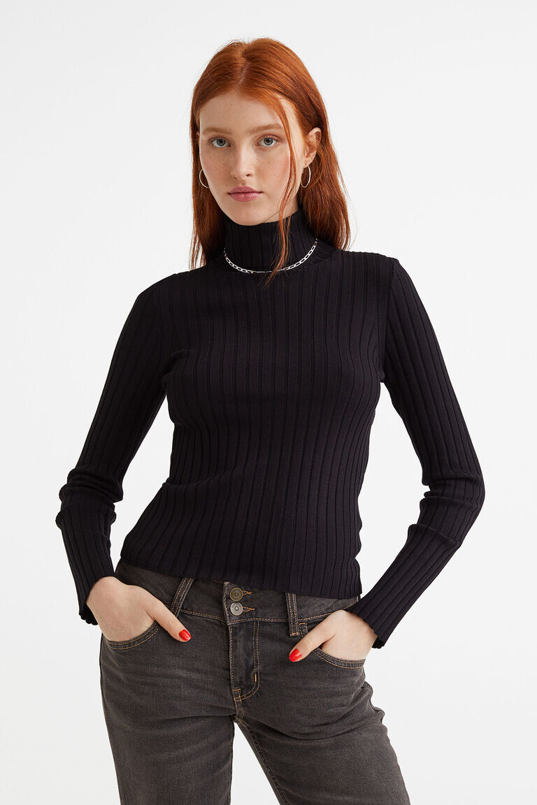 

Топ с воротником-поло рельефной вязки H&M, черный