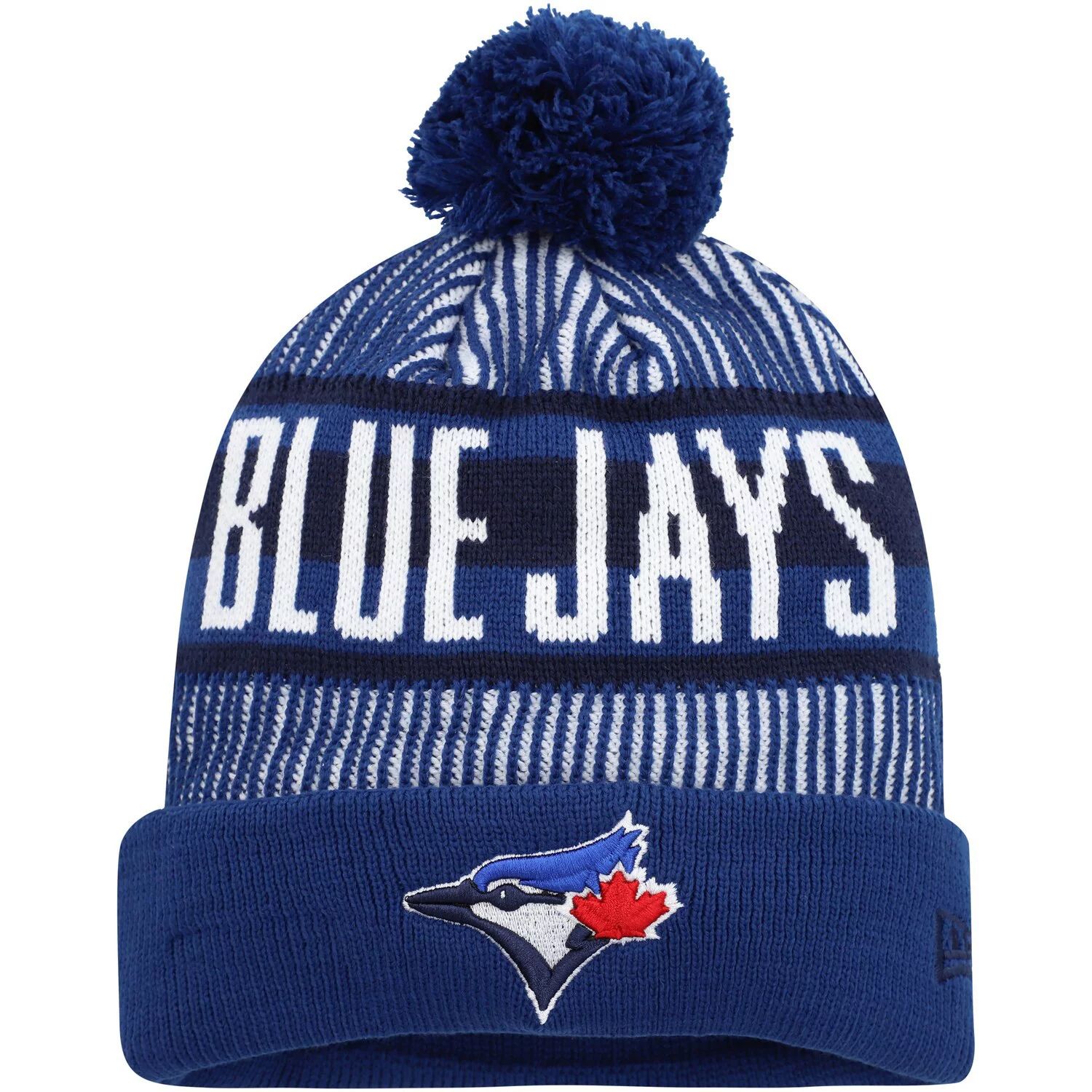 

Мужская вязаная шапка New Era Royal Toronto Blue Jays в полоску с манжетами и помпоном