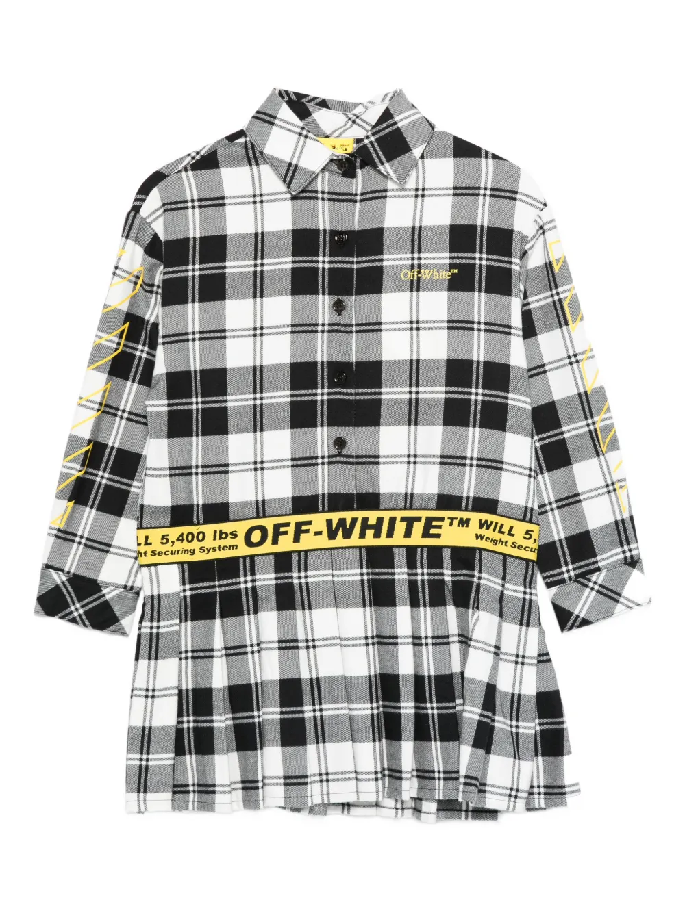 

Платье-рубашка в клетку с плиссировкой OFF-WHITE KIDS, черный