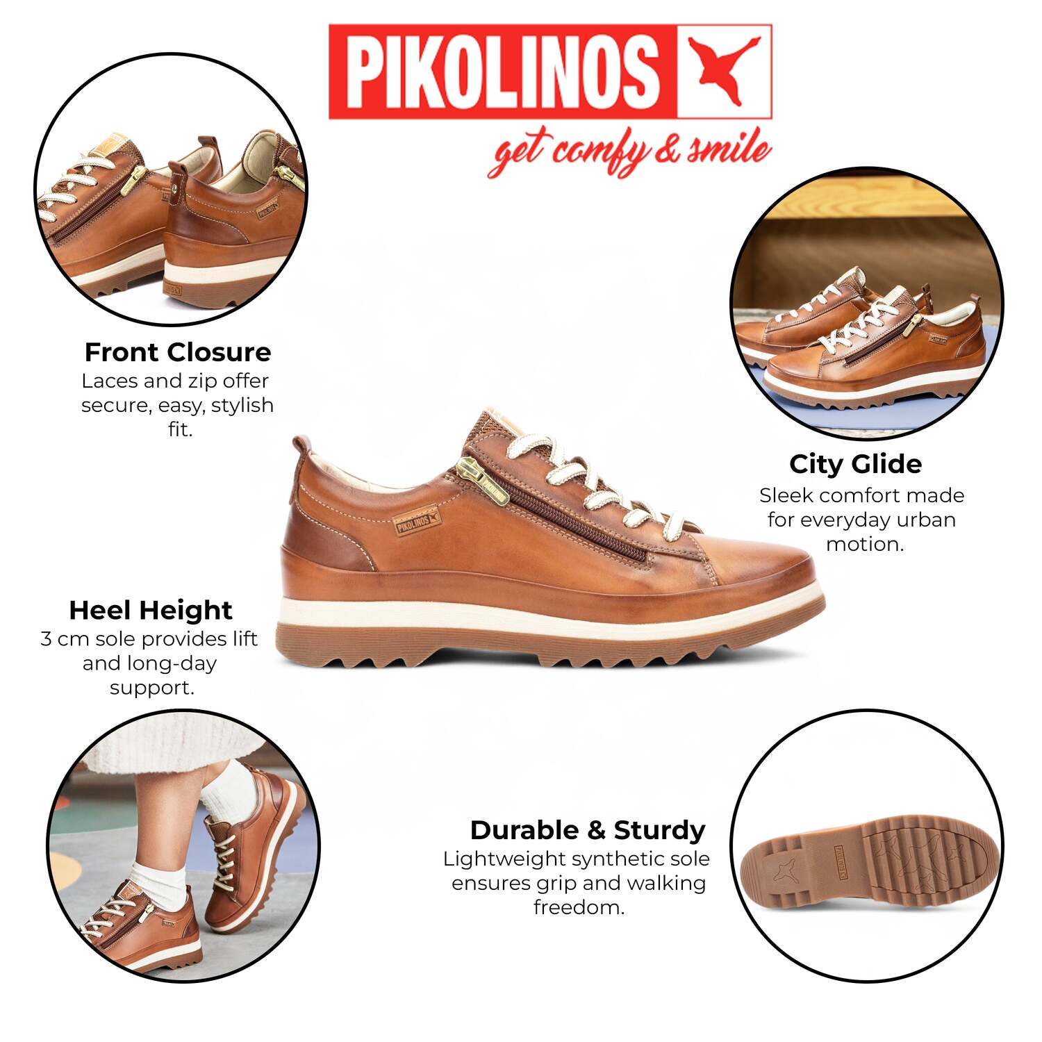 Pikolinos женские замшевые кроссовки на шнуровке с молнией в цвете бренди - Vigo, коричневый — фото 2