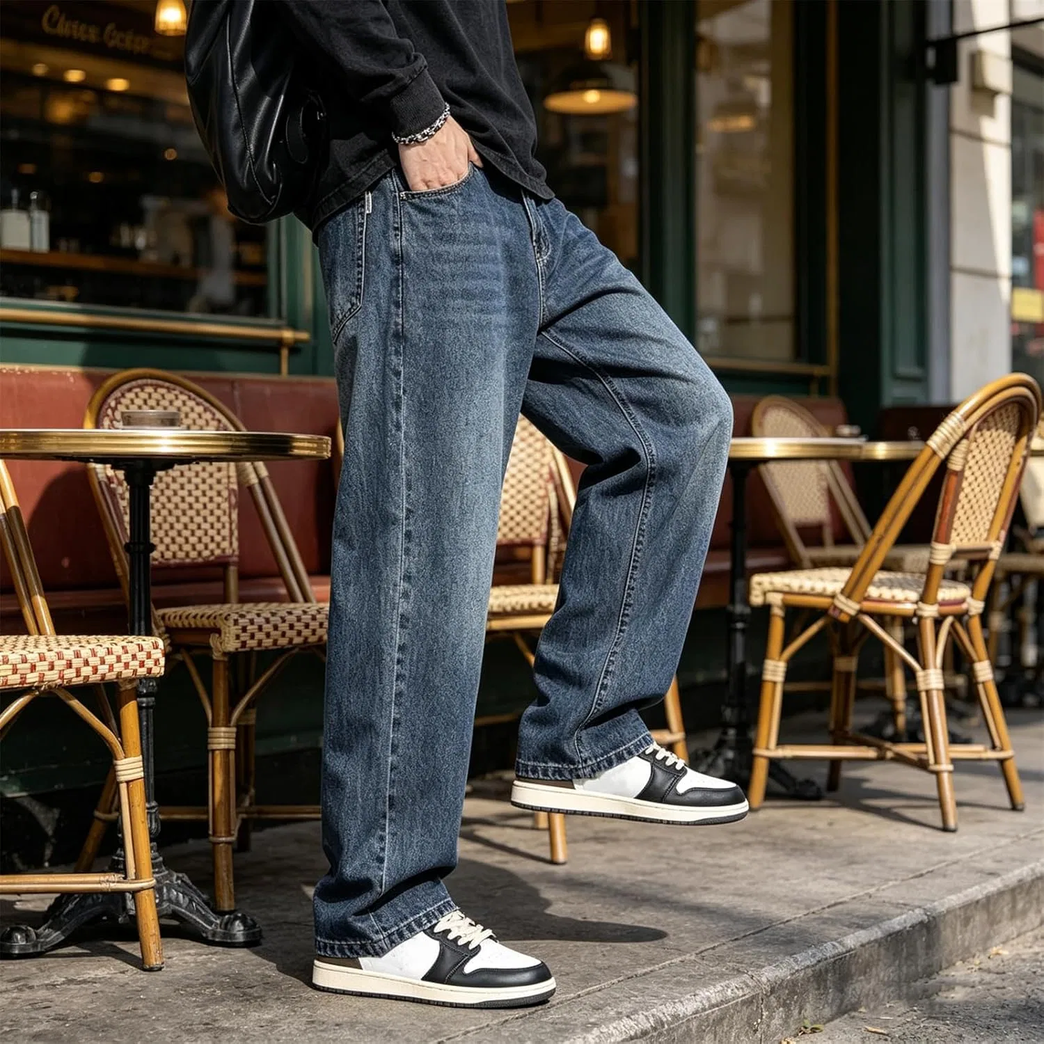 Джинсы прямые свободные Mens Casual Baggy Straight Leg Jeans Classic Retro Elastic Fit Hip Hop Denim Pants for Streetwear Daily Casual, темно-синие — фото 3