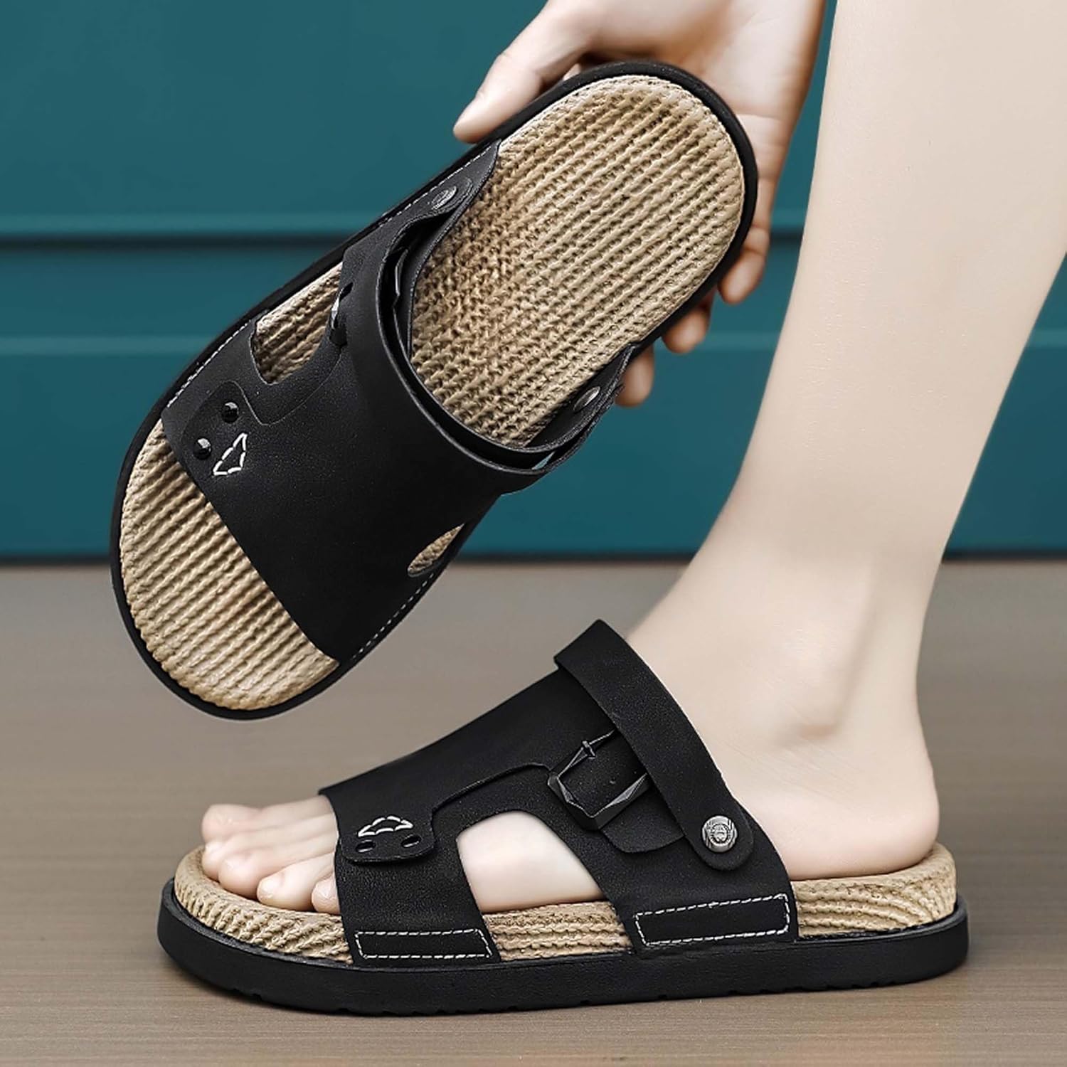 Мужские летние спортивные сандалии для активного отдыха с нескользящей подошвой, походные, для пляжа, минималистичные домашние кломповые тапочки с регулируемым задником Generic, черный — фото 4