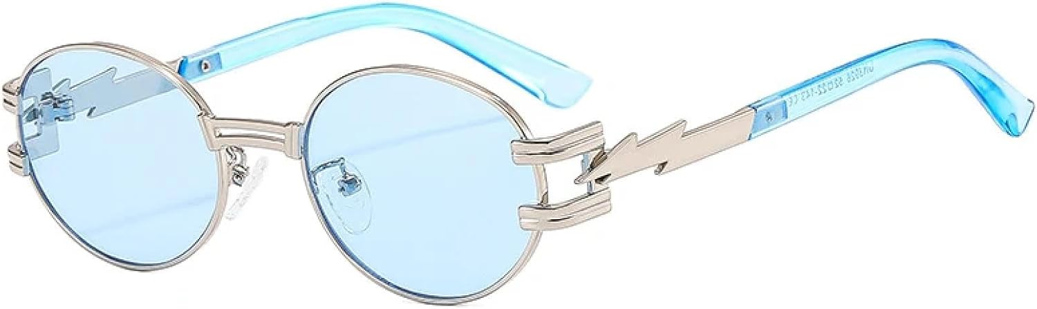 

Солнцезащитные очки для женщин и мужчин в стиле хип-хоп, с молниеносным дизайном, декоративные, ретро, ​​овальные, модные, для улицы, с защитой от УФ-излучения UV400 TKKTLLT, Silver Blue