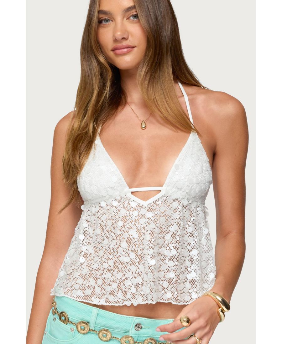 

Женский топ-халтер Meela с пайетками и сетчатой вставкой Edikted, White