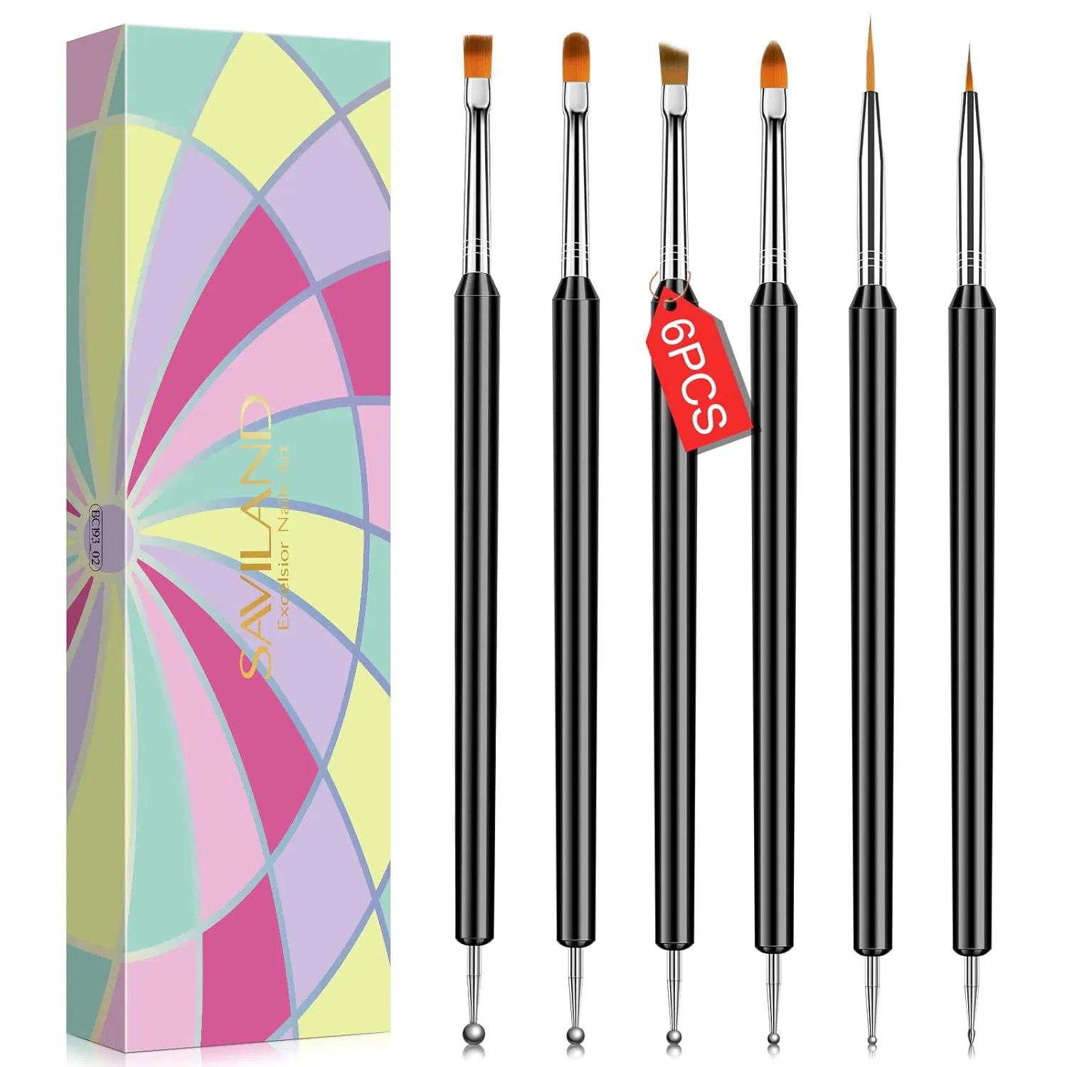 Набор из 6 двусторонних кистей для дизайна ногтей от Saviland Saviland, 6-Piece Double-Ended Nail Brush Set