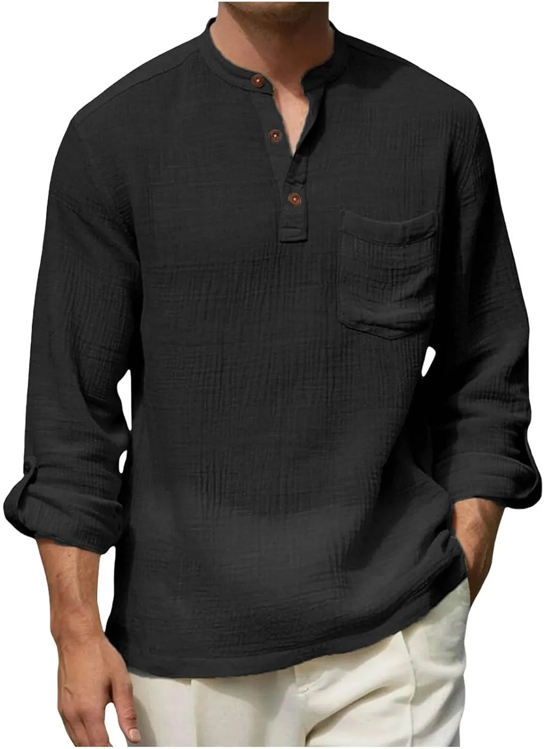 

Мужская хлопковая льняная рубашка-поло с длинным рукавом и карманами Lmdudan