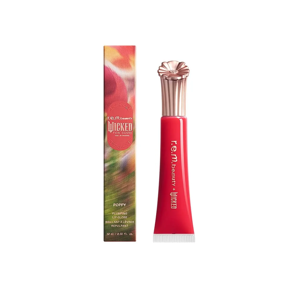 rem beauty Wicked: For Good | Блеск для губ Poppy Plumping Lip Gloss | Мгновенный эффект увеличения объема для увлажненных, мягких и гладких губ | Шелковистая, нелипкая текстура | 0,34 жидких унции, Poppy Punch