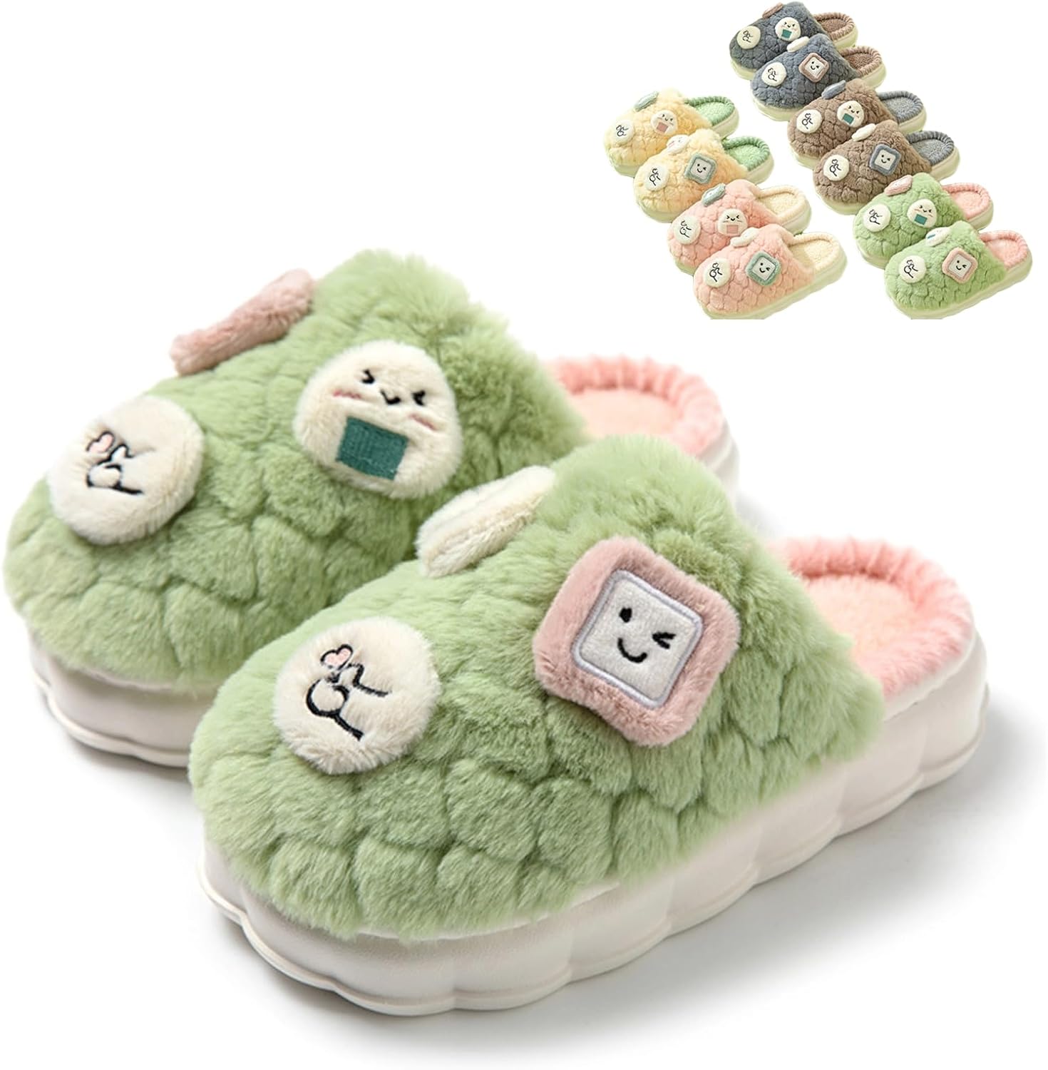 

Теплые пушистые тапочки FRZTOUR для женщин и мужчин - милые домашние тапочки с мультяшной улыбкой и пушистым плюшем, удобная нескользящая обувь для дома и улицы, зеленый