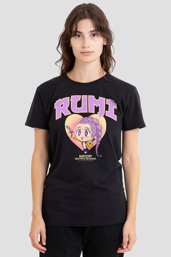 

Футболка с принтом kpop demon hunters huntrix rumi college Netflix, Black, Черный, Футболка с принтом kpop demon hunters huntrix rumi college Netflix, Black