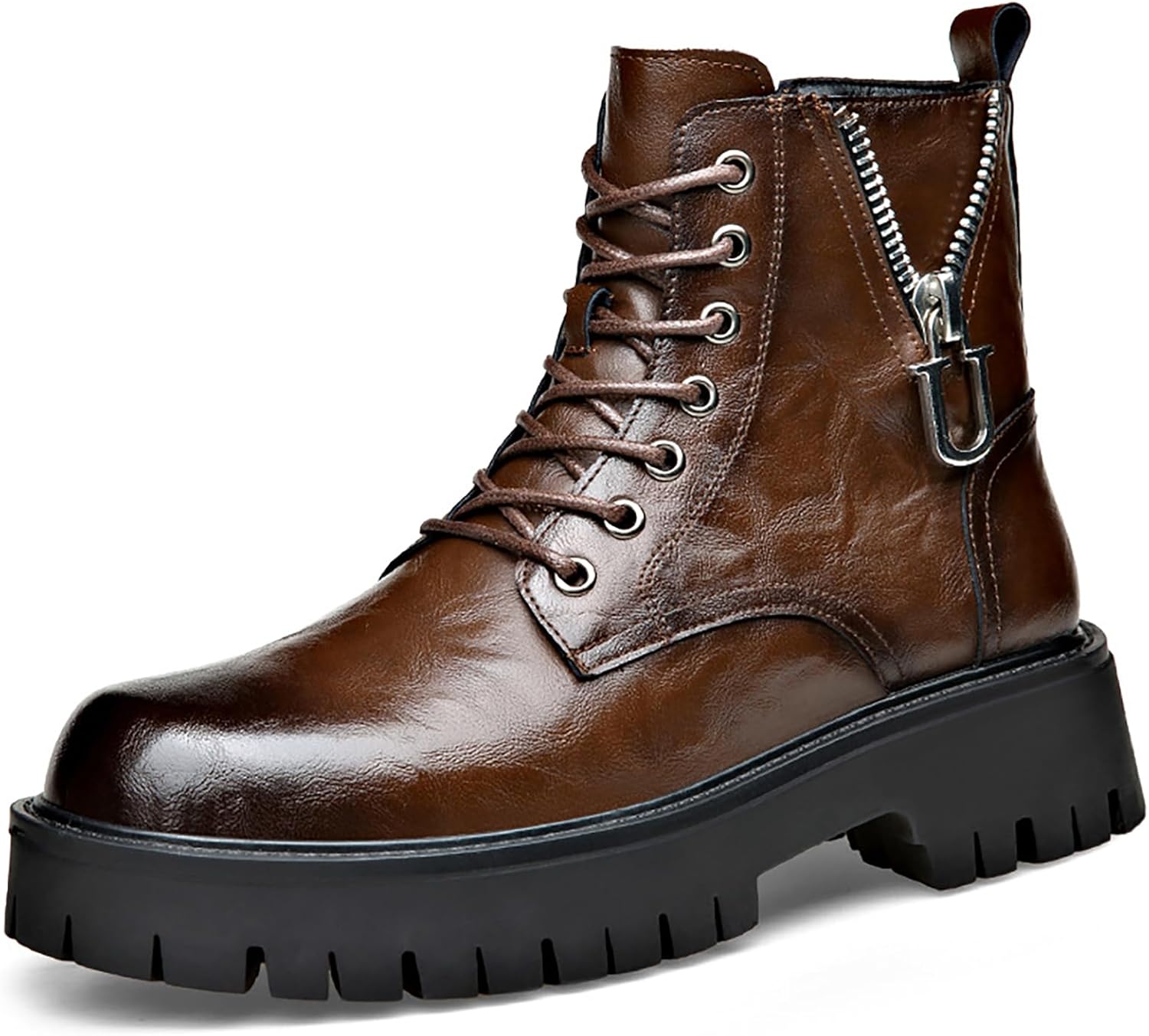 

Мужские ботинки QEOSNBX из натуральной кожи на платформе, боевые ботинки с модной шнуровкой, боковой молнией, рельефной подошвой, противоскользящие, высокие мотоциклетные ботинки, удобные, коричневый