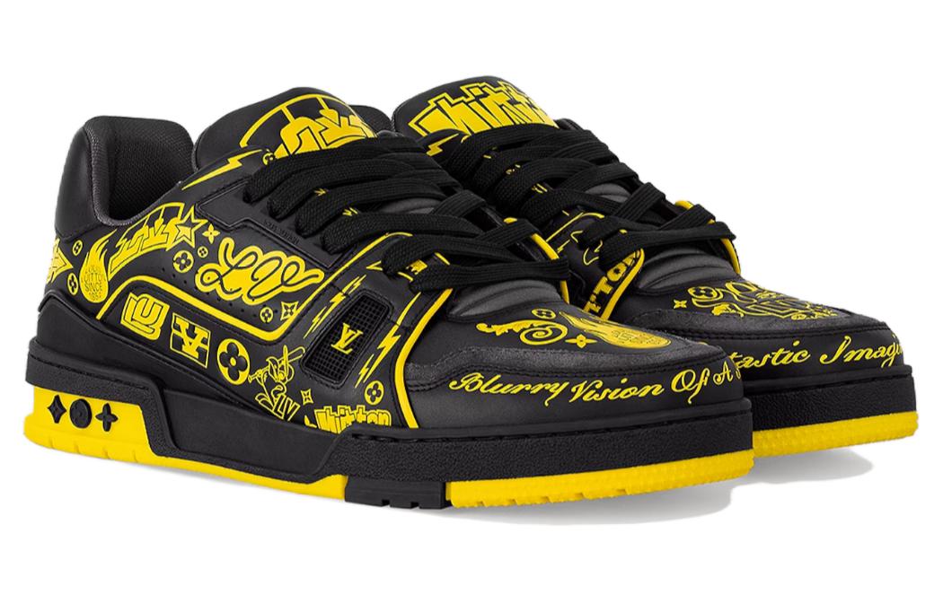 LOUIS VUITTON Мужские нескользящие низкие кроссовки для скейтбординга Trainer черный желтый — фото 4
