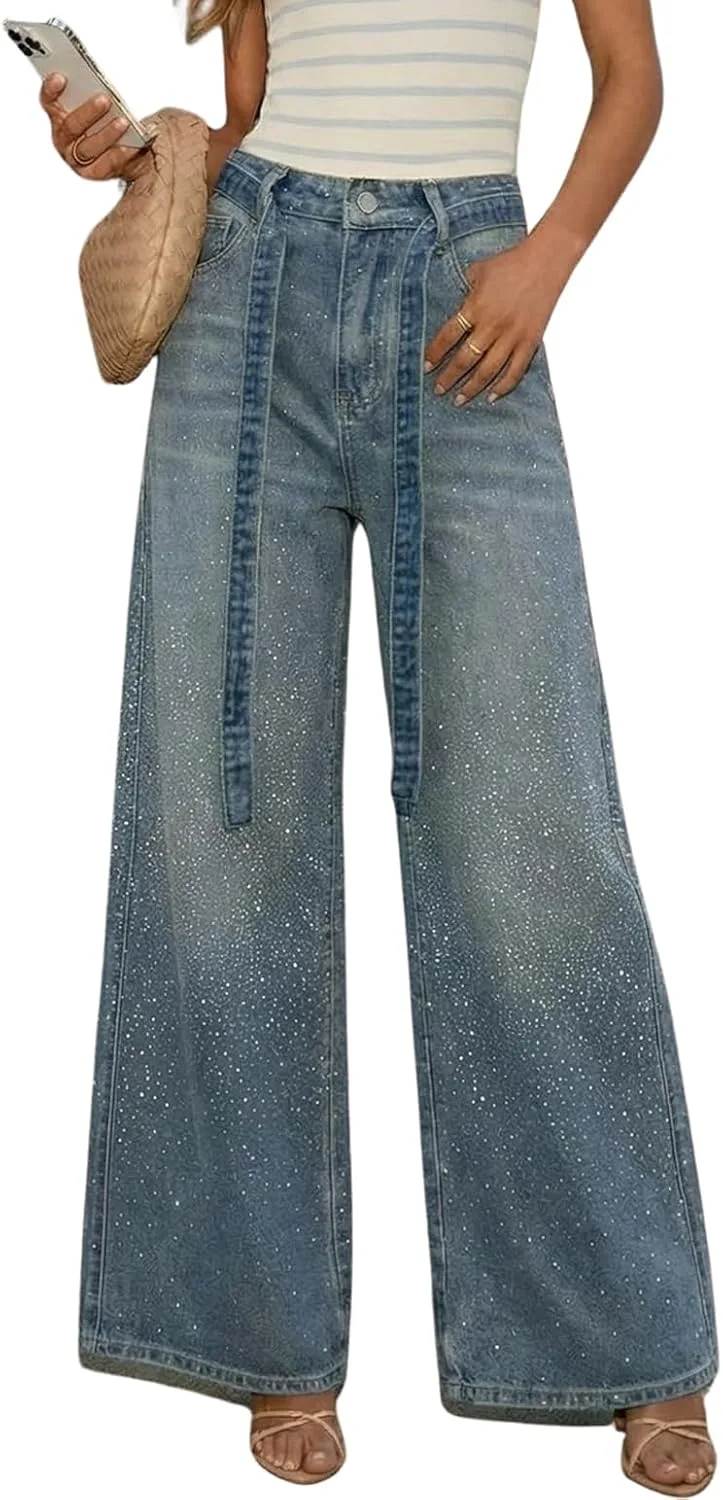 

Женские джинсы с пайетками Chouyatou Y2K High Waisted Palazzo Denim Wide Leg