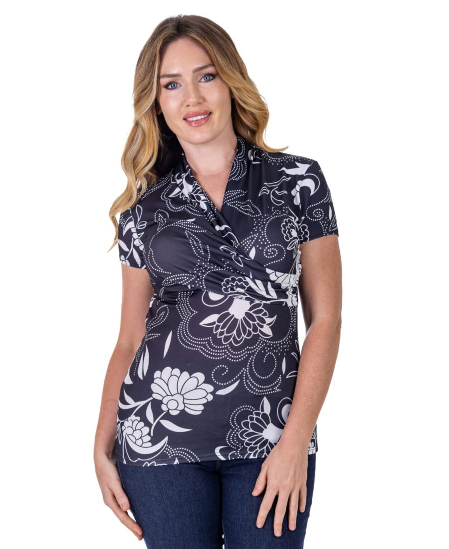 

Небольшой черно-белый топ с коротким рукавом и V-образным вырезом, на запах 24seven Comfort Apparel, Black Multi