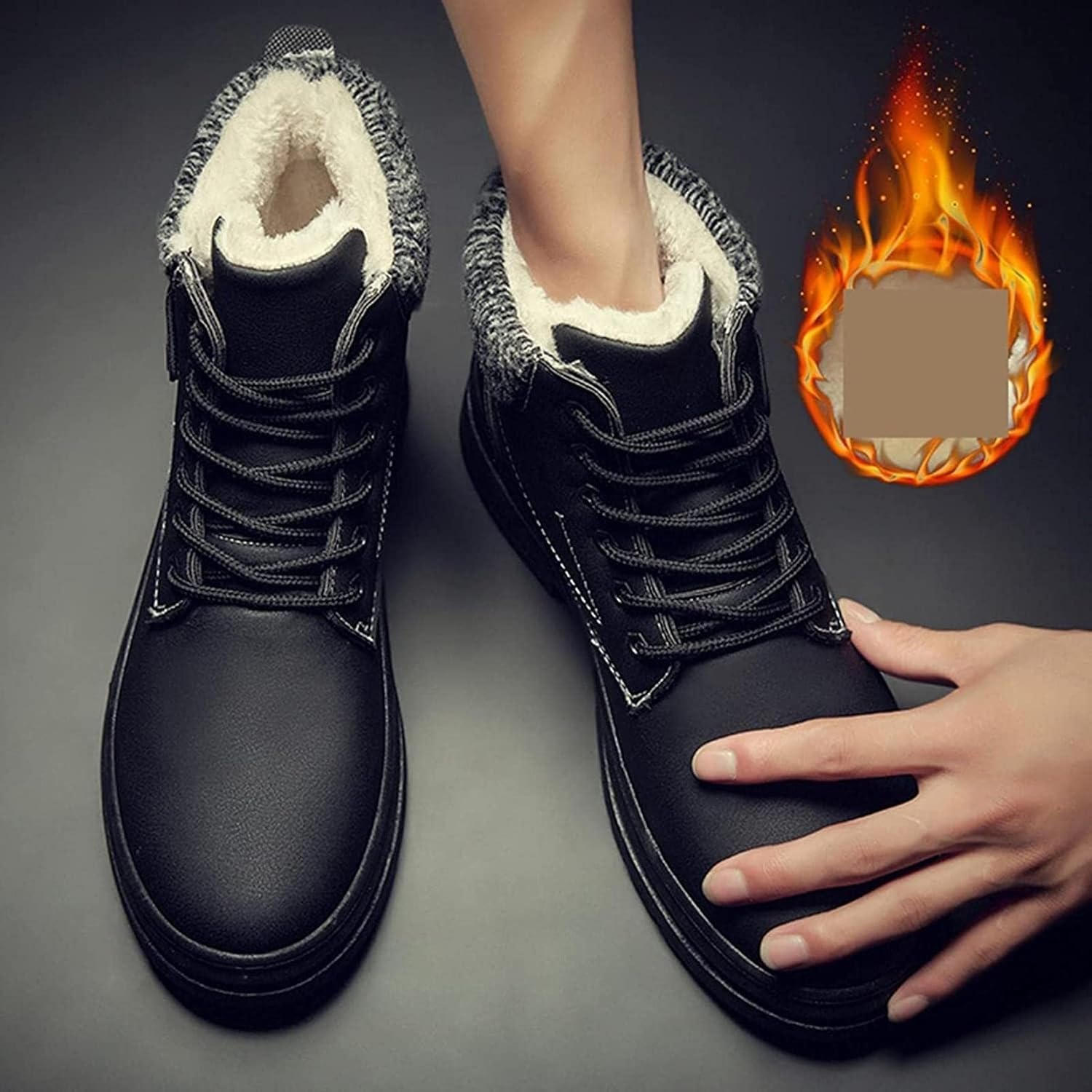Мужские высокие зимние ботинки Yiozoi с утеплителем из бархата, шнуровкой, ветронепроницаемые, для улицы, классические повседневные ботинки для ходьбы, черный — фото 3