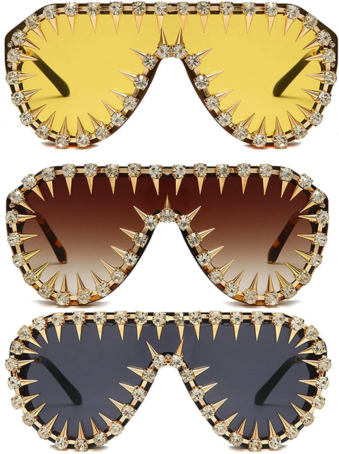 

COTIA Цельные солнцезащитные очки в стиле панк-рок с бриллиантовыми заклепками, большой щиток, модный и оригинальный аксессуар для клуба, Yellow&tea&black