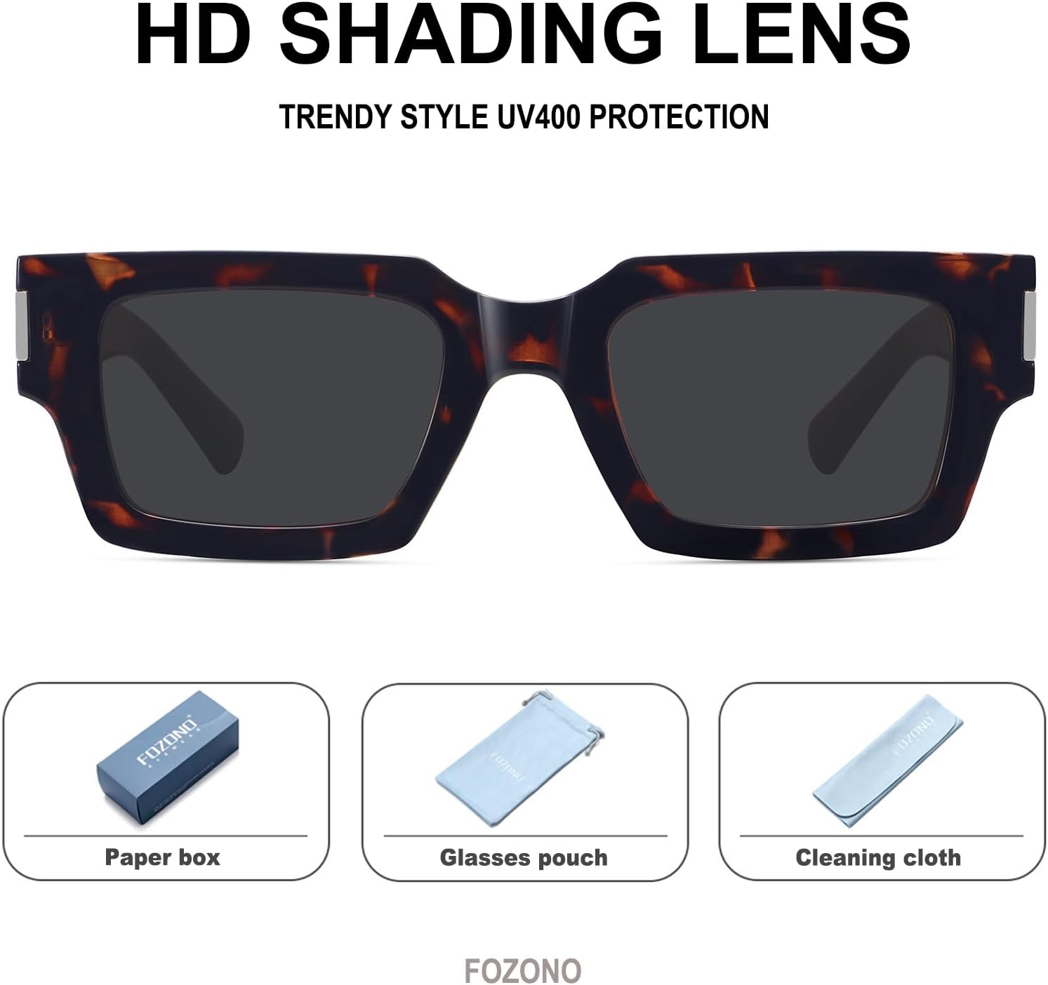 

Ретро-солнцезащитные очки квадратной формы для женщин и мужчин, модные в стиле 90-х, массивные прямоугольные солнцезащитные очки черного цвета с защитой UV400 FZN804 Fozono, Tortoise / Grey