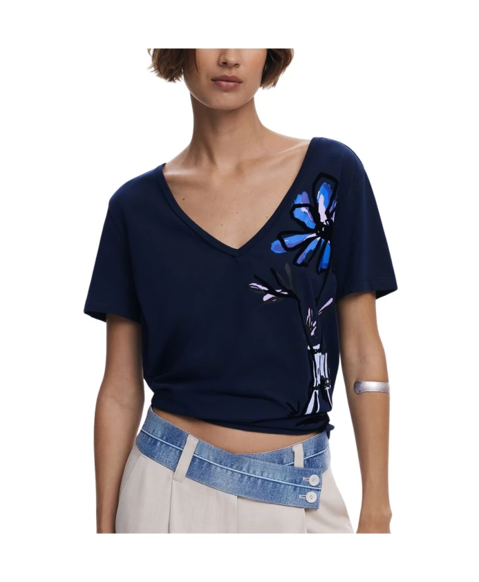 

Синяя хлопковая женская футболка с V-образным вырезом Desigual, синий