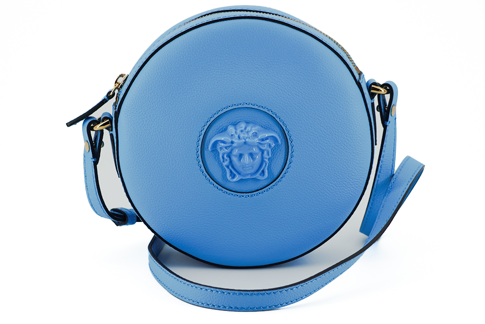 

Шикарная круглая сумка через плечо из синей кожи Versace