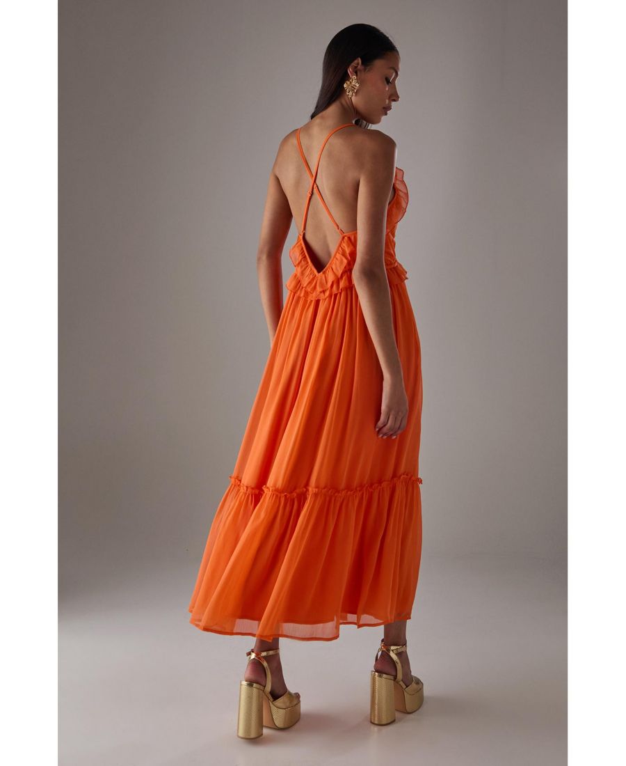 

Женское шифоновое макси-платье с оборками и бретелями Warehouse, Orange