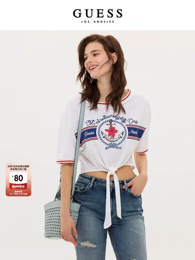

Футболка женская Guess с короткими рукавами, обнажающая талию, на шнуровке, нишевого дизайна-W3GI19JA914, белый