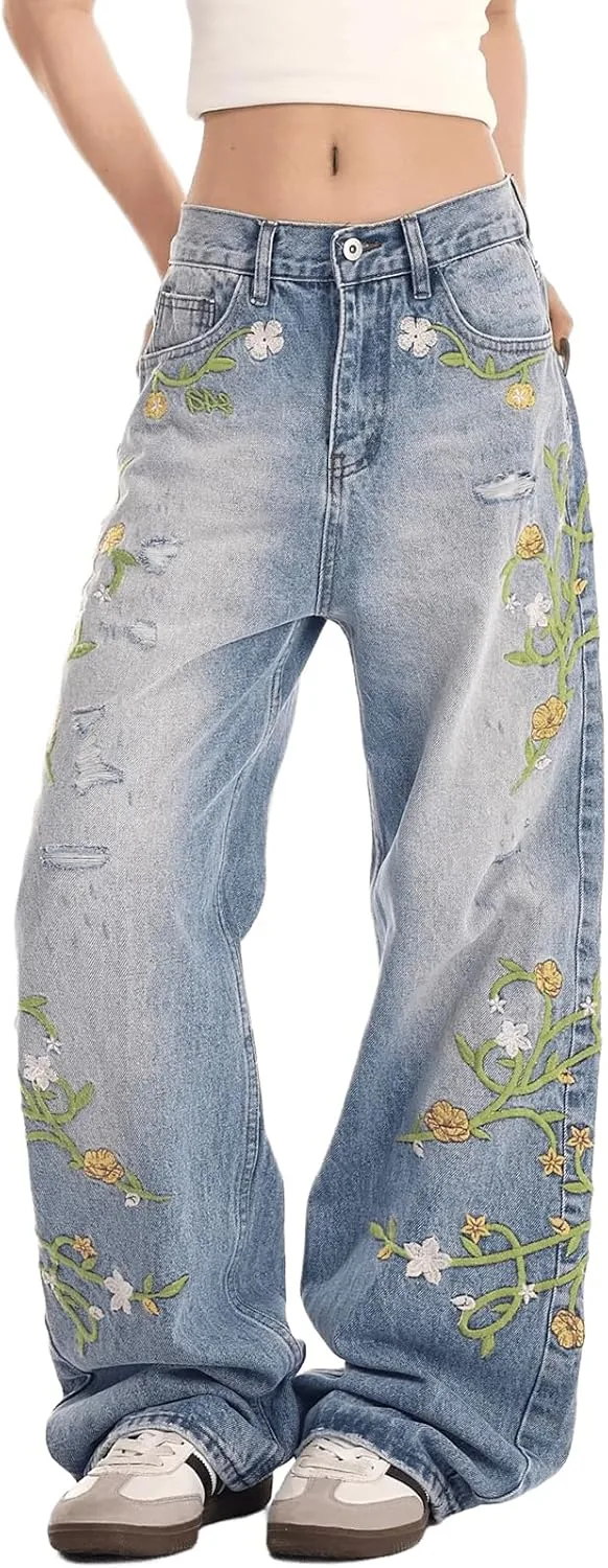 

Женские джинсы wide leg с вышивкой цветов и потертостями Viatabuna