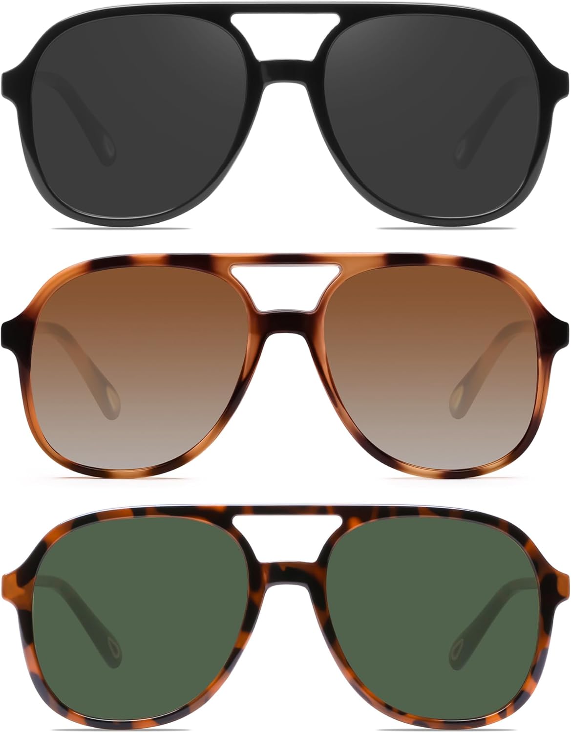 

Солнцезащитные очки-авиаторы YDAOWKN в стиле ретро, ​​квадратные, для женщин и мужчин, винтажные, 70-е годы, с двойной перемычкой, 3 Black/Gray+black+brown Tortoise/Brown+brown Tortoise/Green