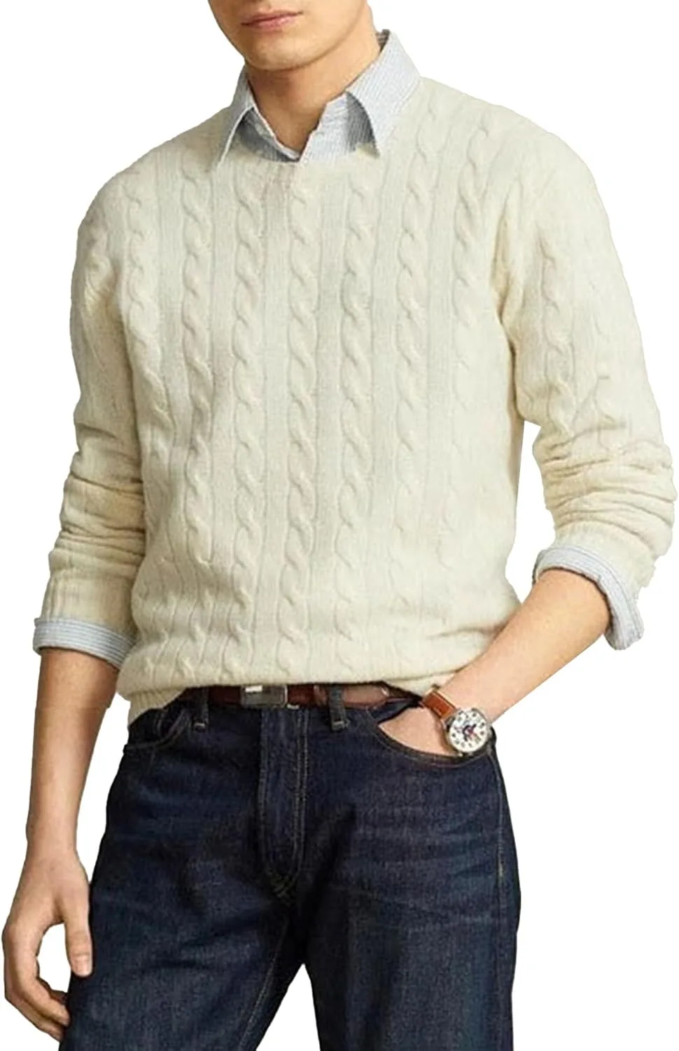 

Мужской свитер с кабельной вязкой и фактурным узором