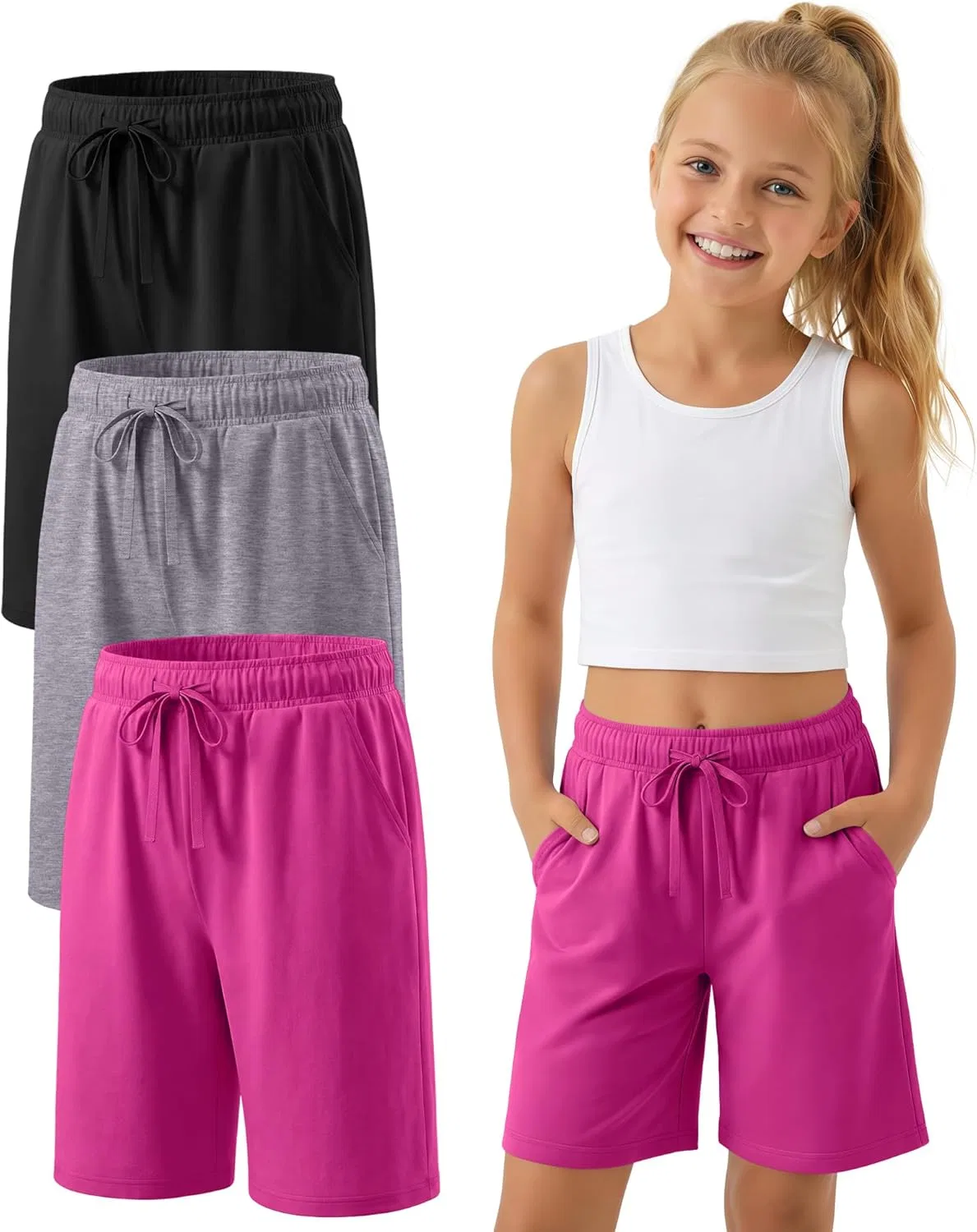 Шорты бермуды детские YooAurvox, 3 шт, Black, Light Mixed Gray, Rose Red