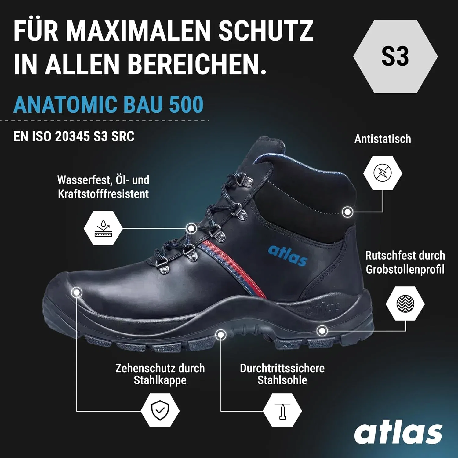 Защитная обувь Atlas Anatomic Bau 500 - класс рабочей обуви: EN ISO 20345:2004 S3, Black — фото 2