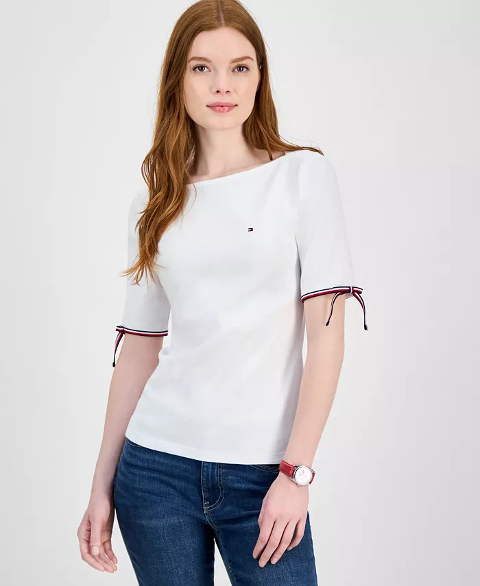 

Женская хлопковая футболка с лодочкой и завязками на рукавах Tommy Hilfiger, белый