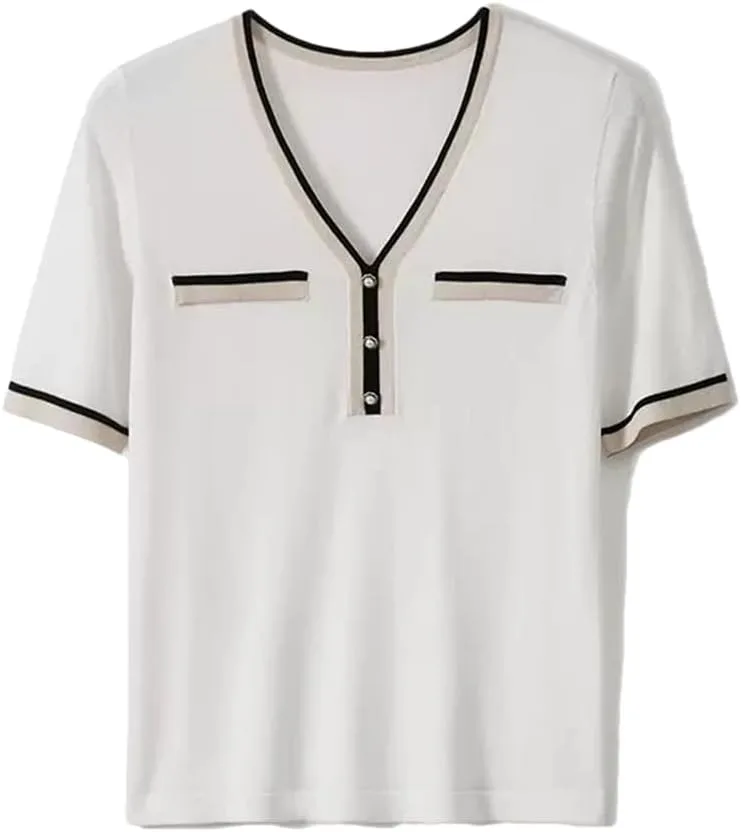 

Женская футболка из шелка тутового дерева с коротким рукавом и V-образным вырезом Vsadsau