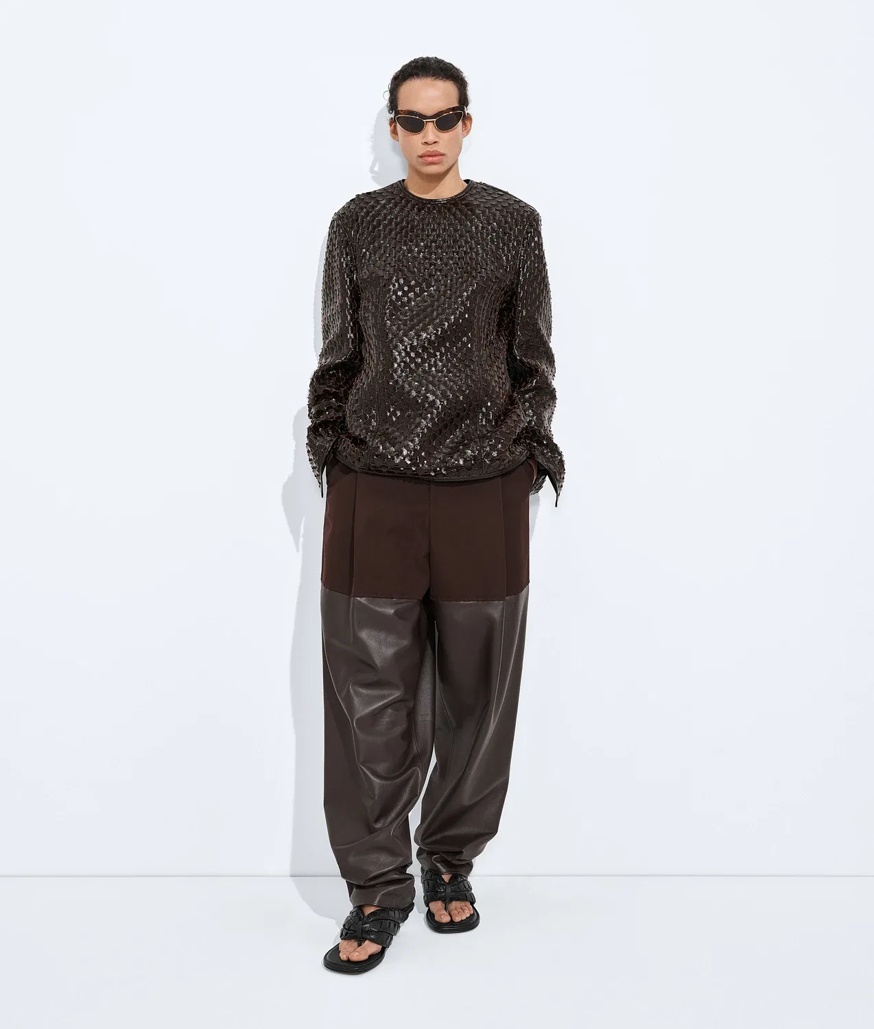 Брюки из хлопка и кожи BOTTEGA VENETA, коричневый
