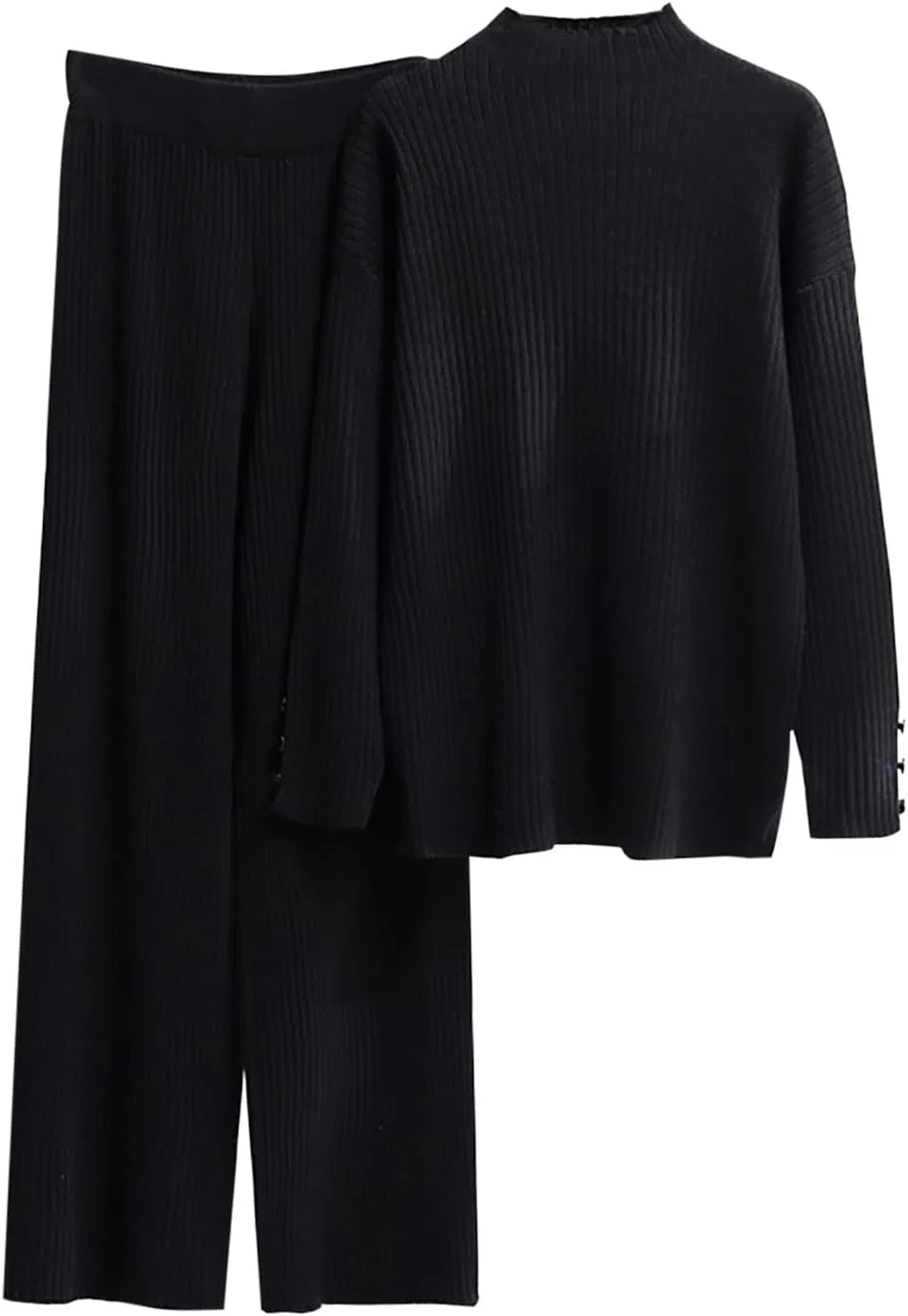 Спортивный костюм ribbed knit, свитер и широкие брюки, черный