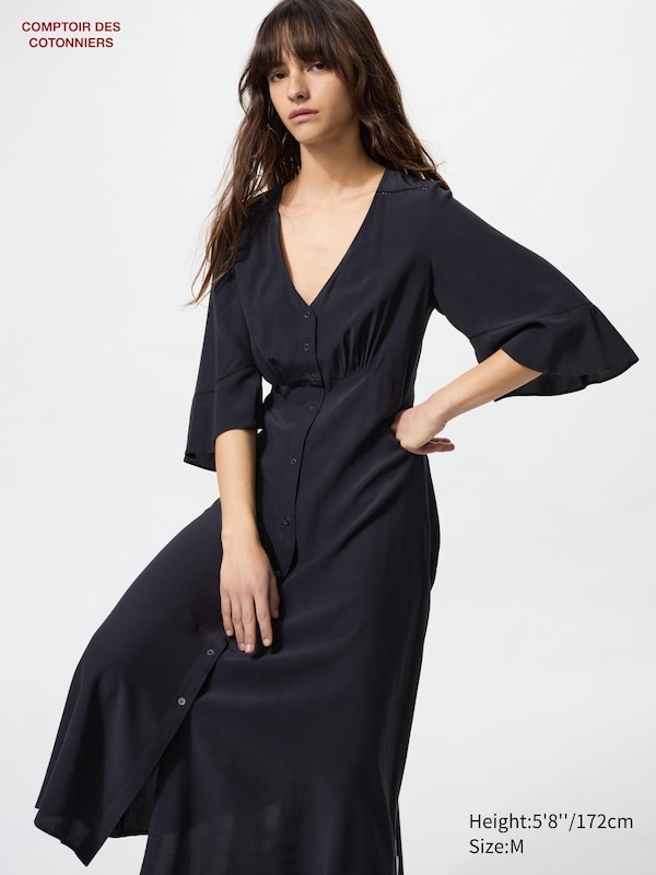 

Длинное платье из легкого вискозного шелка с короткими рукавами Uniqlo, черный