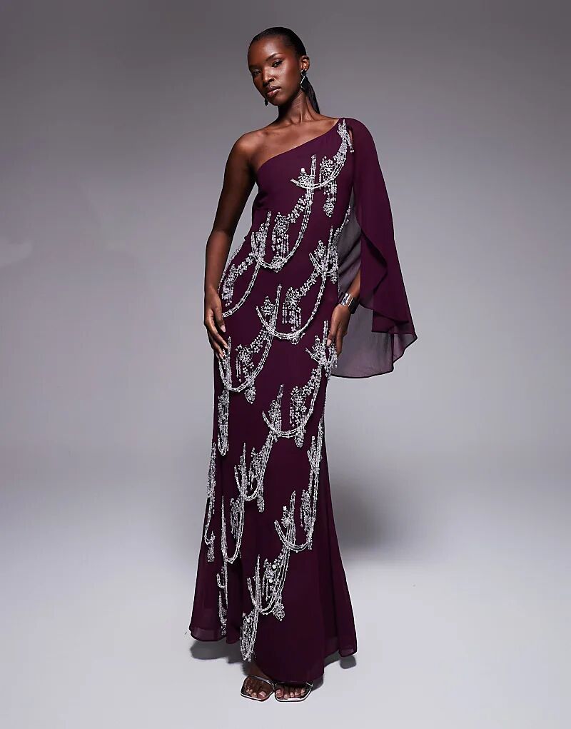 

Платье макси ASOS DESIGN с косым кроем, бахромой и рукавами-кейпами, сливового цвета