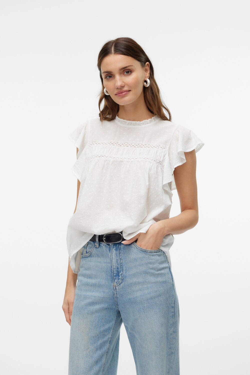 

Блузка с короткими рукавами с кружевом и точечной текстурой Vero Moda, белый