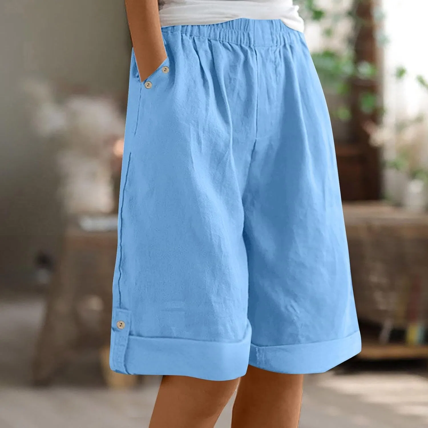 Шорты бермуды женские свободные, хлопок лен, Light Blue — фото 2