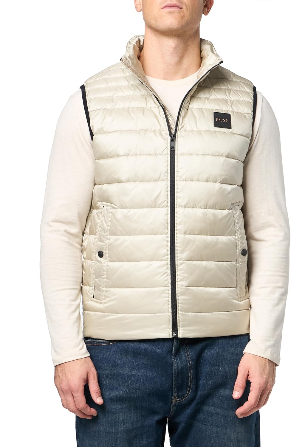 

BOSS Мужская легкая нейлоновая пуховая жилетка с нашивкой-логотипом, Navajo Cream