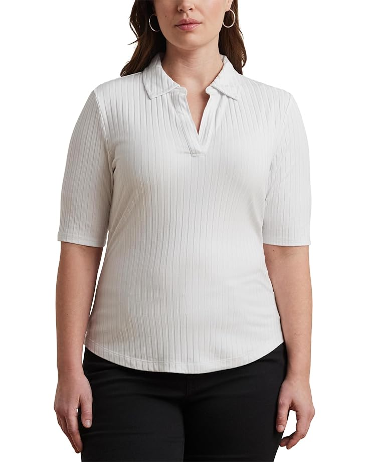 

Футболка Lauren Ralph Lauren Plus Size Rib-Knit Elbow-Sleeve Polo Tee, белый