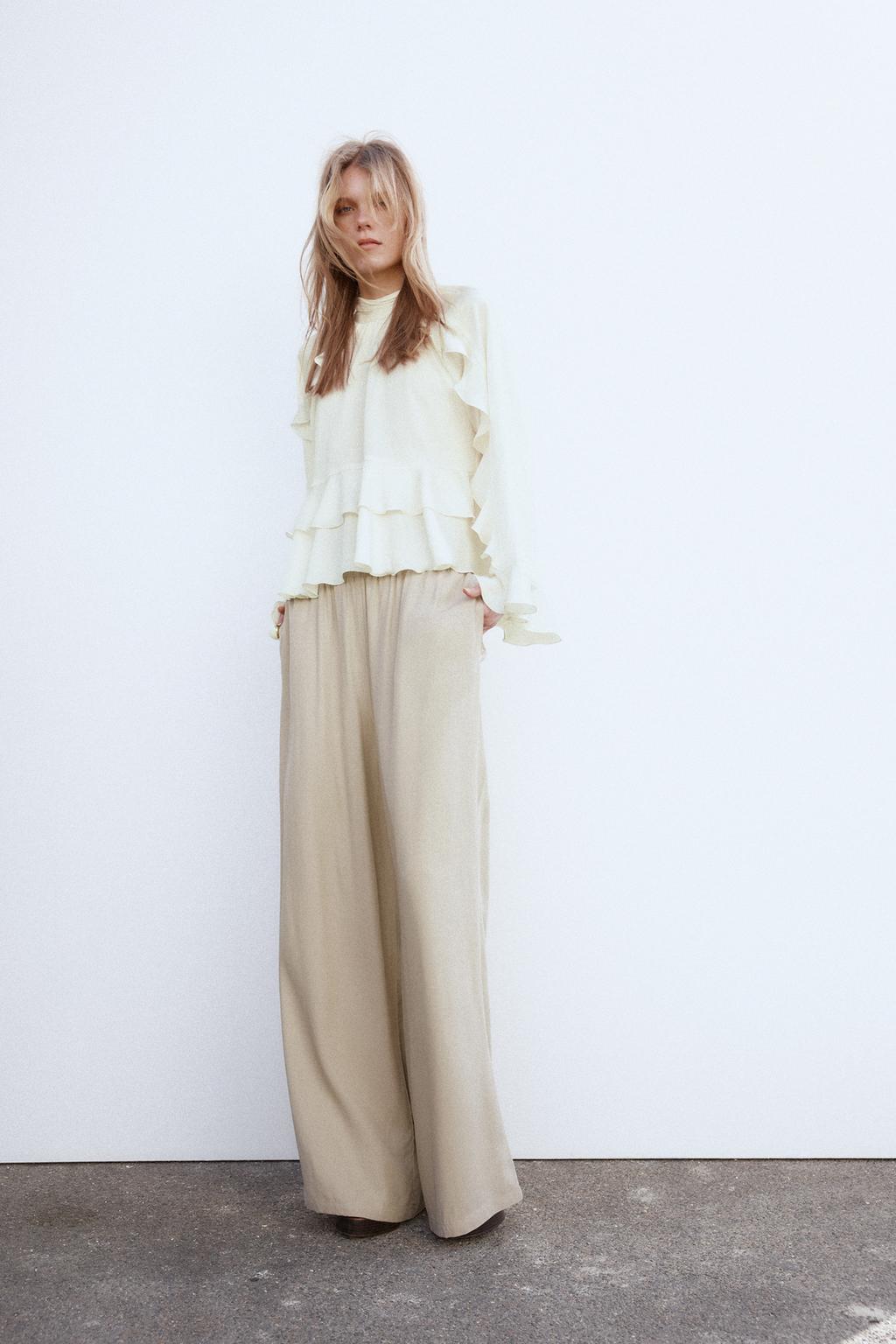 

Широкие брюки с эластичным поясом ZARA, цвет Light camel