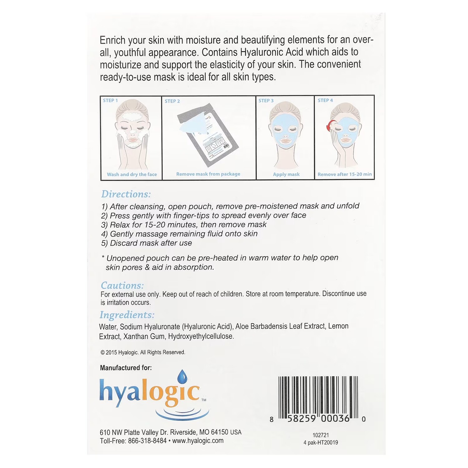 Маска для лица Hyalogic LLC — HA Moisture Beauty Mask с гиалуроновой кислотой и ароматом алоэ, 4 маски по каждая — фото 3