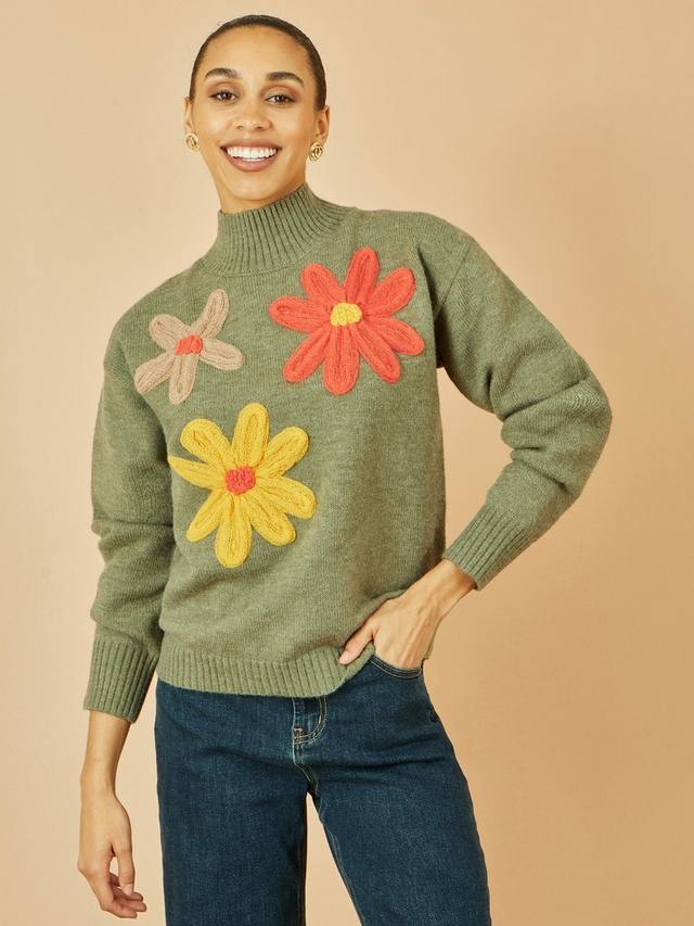 

Свитер с аппликацией цветов и высоким воротником Yumi, Green