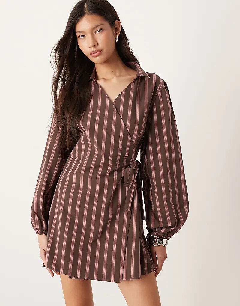

Платье-рубашка мини из поплина ASOS DESIGN с завязками по бокам в шоколадную полоску