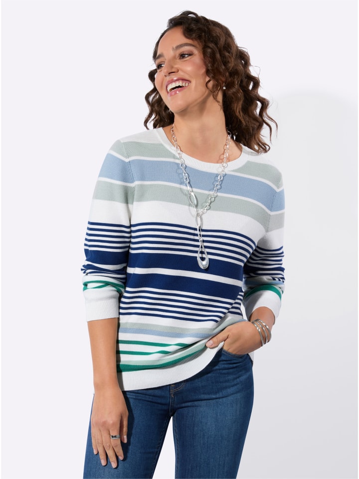 

Хлопковый свитер в полоску цвета лайма и мяты с джинсами WITT WEIDEN