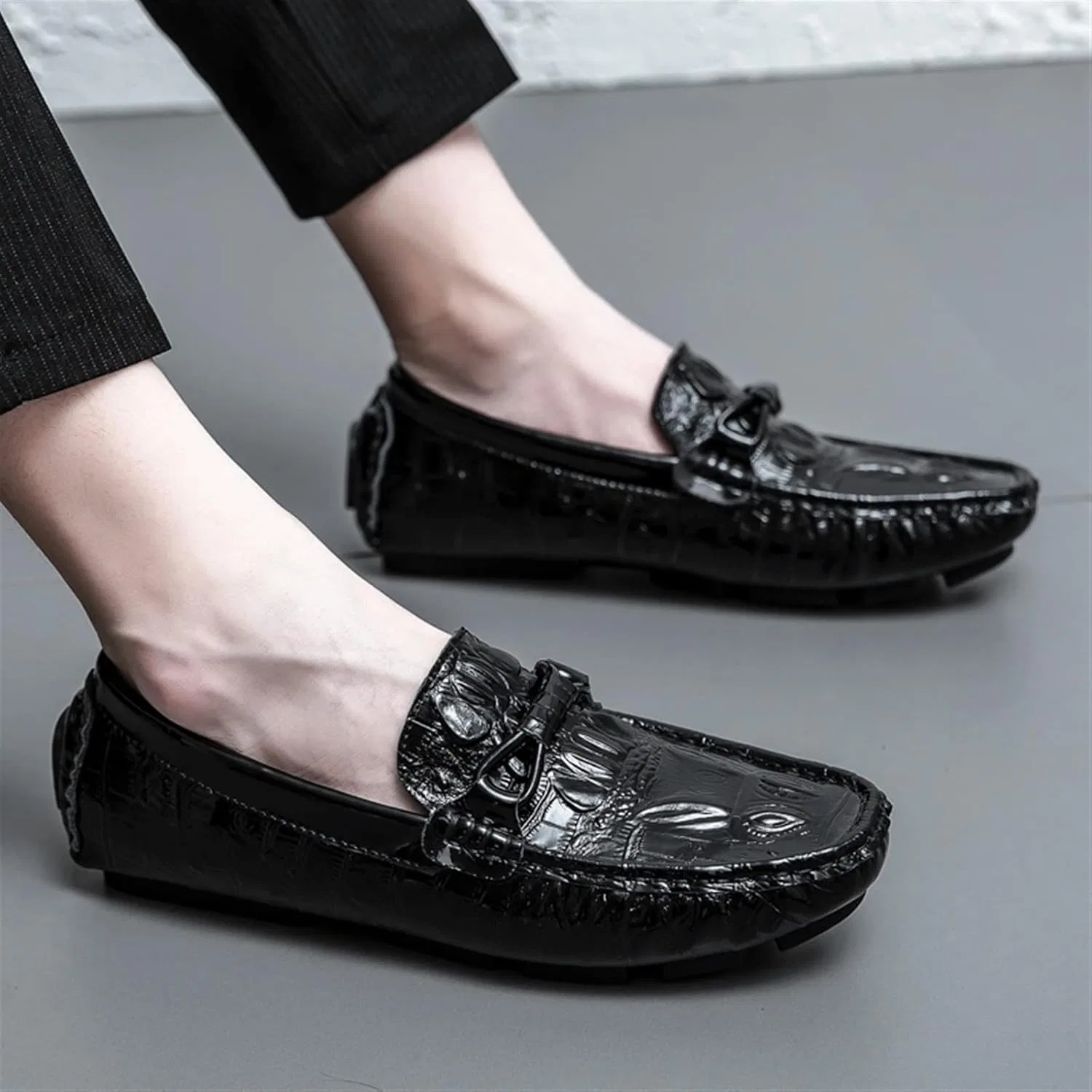 Туфли лоферы из искусственной кожи с крокодиловым принтом, без бренда, Black — фото 2