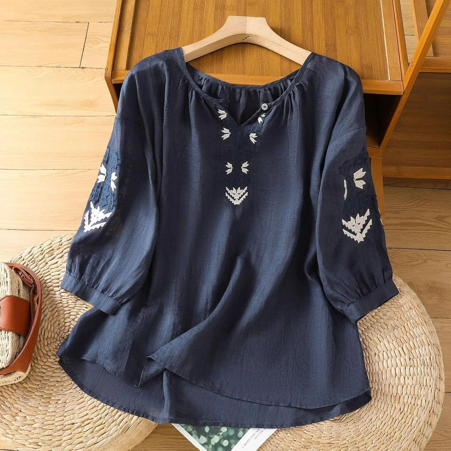 Блуза свободного кроя из хлопка и льна, женская, Casual, темно-синий — фото 3