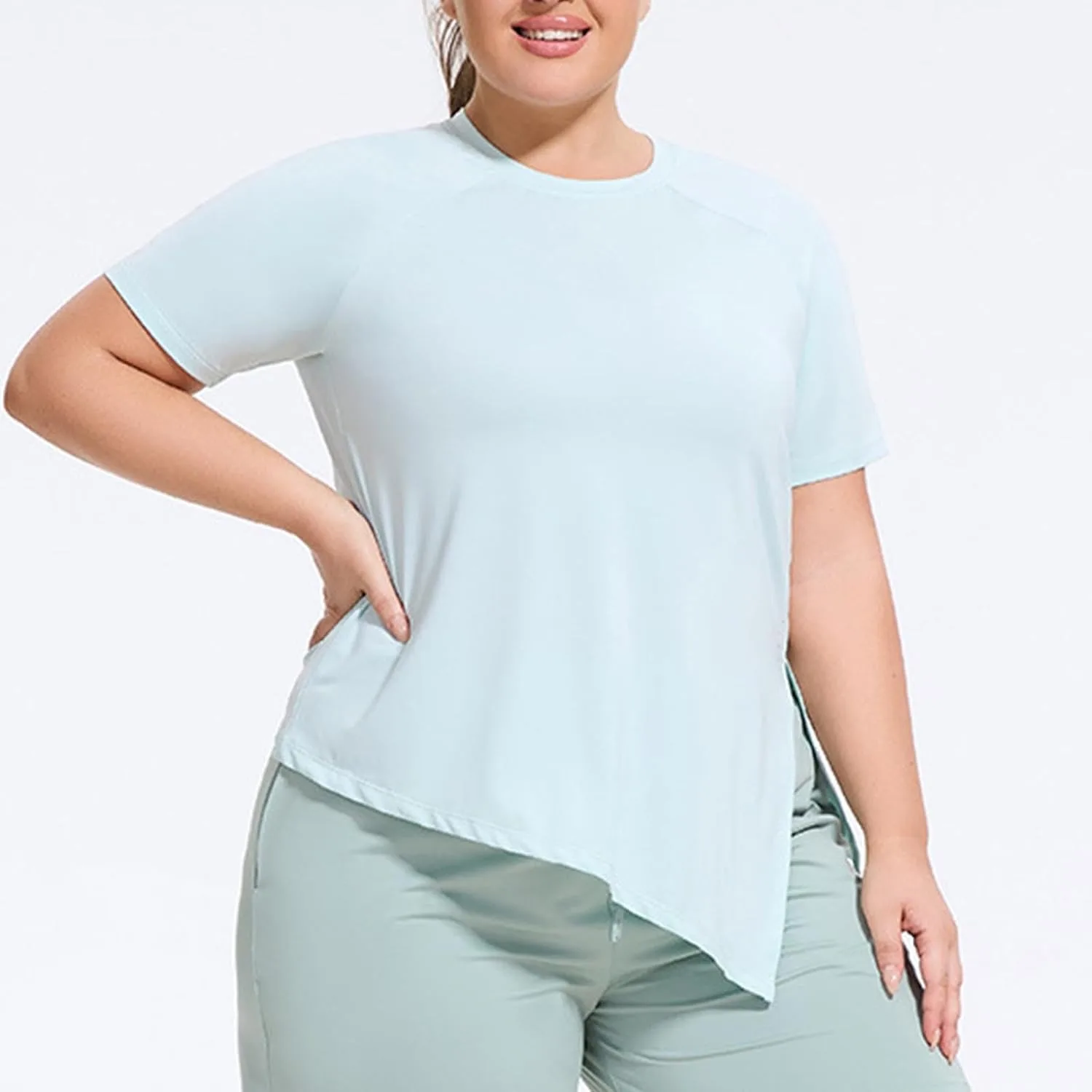 Футболка для тренировок Plus Size с неровным краем, дышащая, свободного кроя, для йоги, бега, походов и зала Generic, синий — фото 2