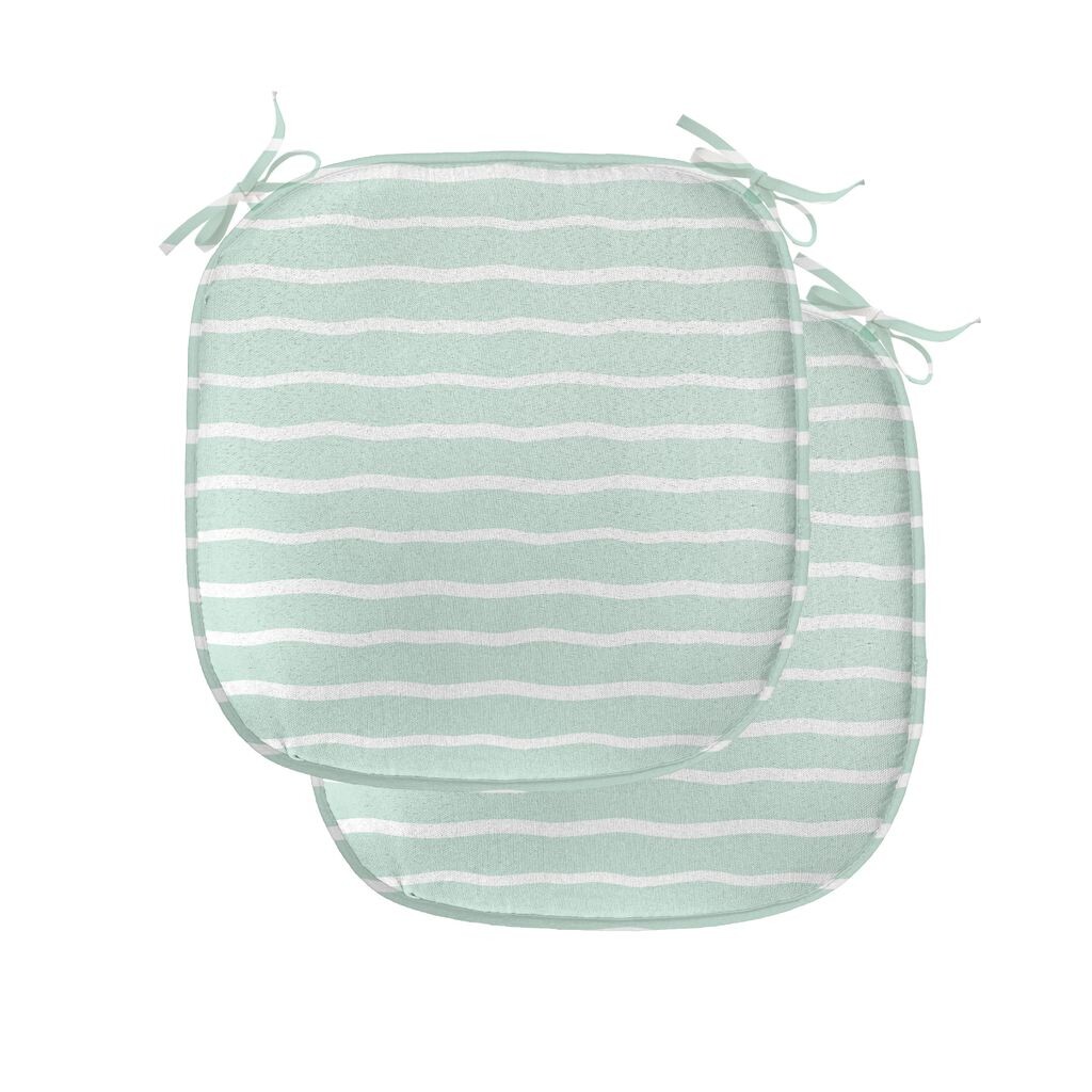 

ABAKUHAUS Мятные подушки для обеденного стула, волнистые линии, декоративная водонепроницаемая подушка в белую полоску с ремнями для кухонных сидений, 40 см x 40 см — упаковка из 2 шт., миндально-зеленый белый