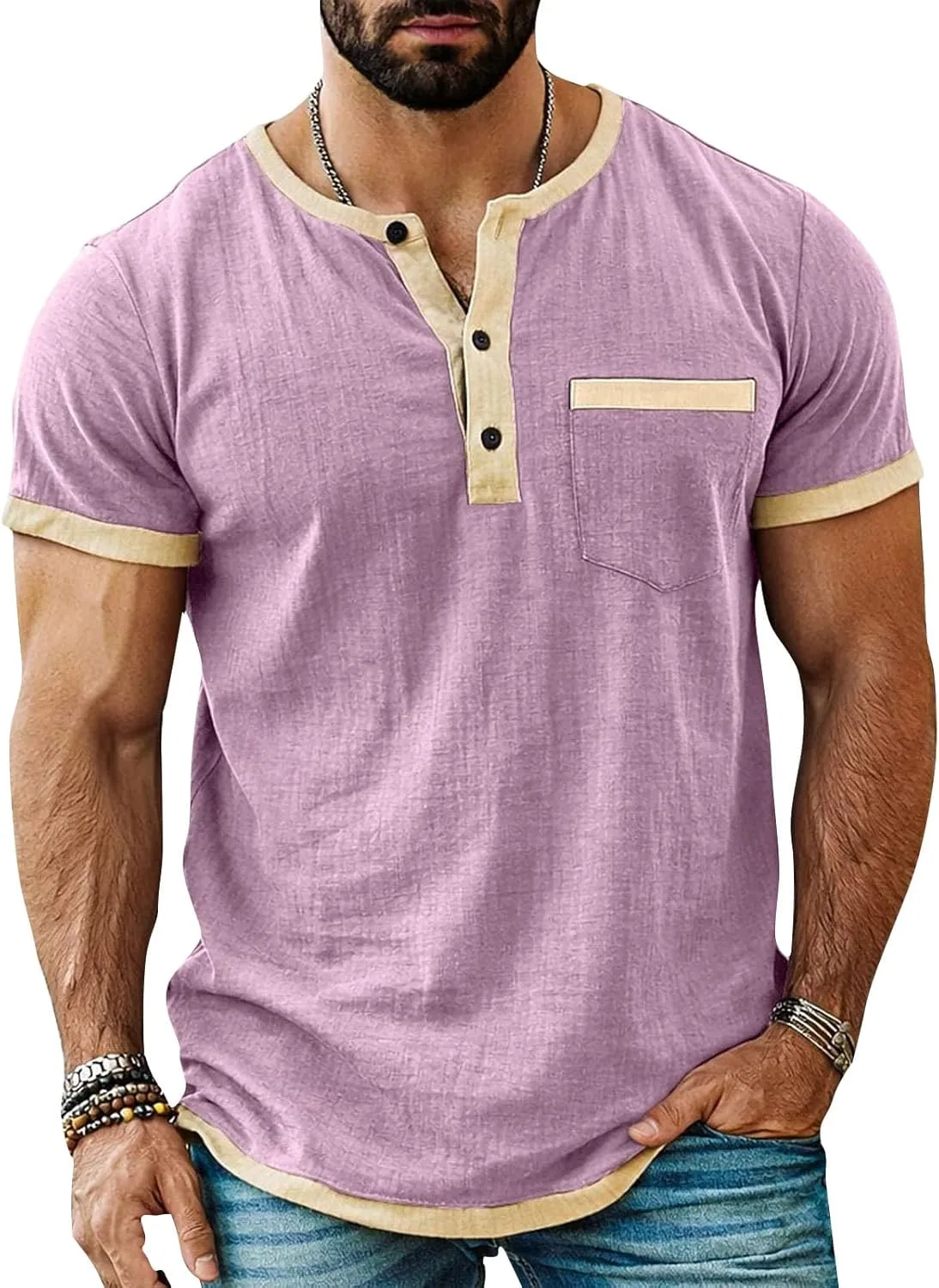 

Мужская футболка Henley с коротким рукавом и цветными блоками