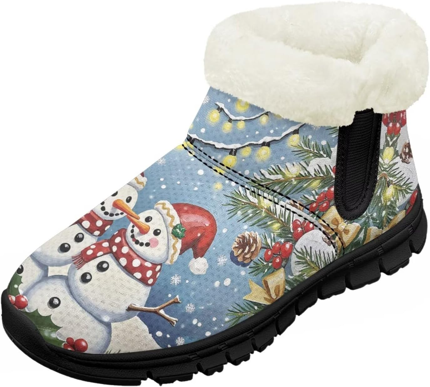 

Детские зимние ботинки для девочек с меховой подкладкой, с короткой подошвой, противоскользящие, легкие уличные теплые ботинки для малышей Pointodoor, Xmas Snowman Tree Printed